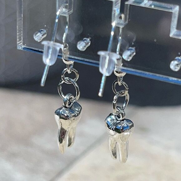 SIMPLE SILVER TOOTH FAIRY DROP EARRINGS - Picture 8 of 8